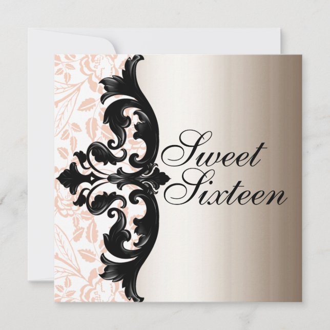 Rosa & Svart Elegant Damask Födelsedagsinbjudan Inbjudningar (Framsida)