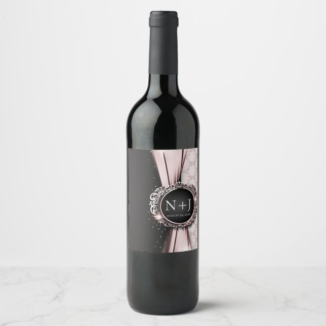 Rosa & Svart Elegant Lyxig Bröllop Vinflaska Etikett (Framsida)