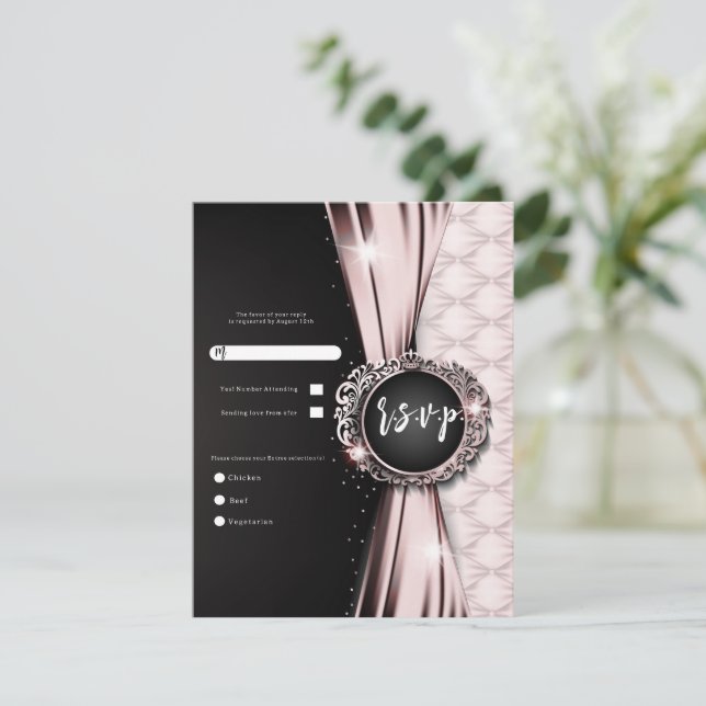 Rosa & Svart Elegant Lyxig Bröllopsanmälan Inbjudningar (Stående Fram)