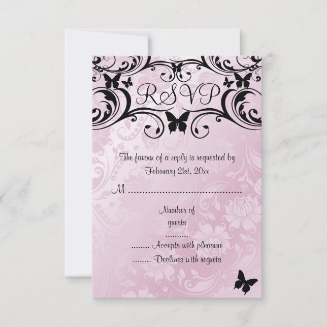Rosa & Svart Fjäril & Blomma RSVP-kort OSA Kort (Framsida)