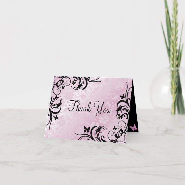 Rosa & Svart Fjäril & Blomma Tack-kort Tack Kort (Framsida)