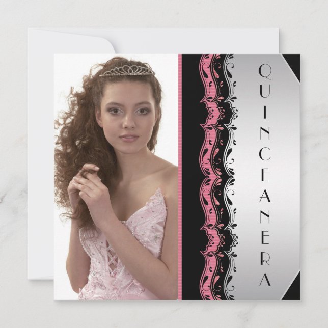 Rosa svart foto Quinceanera Inbjudningar (Framsida)