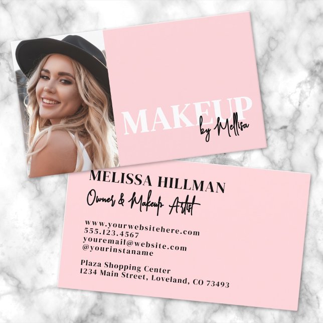 Rosa Svart Foto Smink Visitkort (Pink Black Script Photo Makeup Business Card)