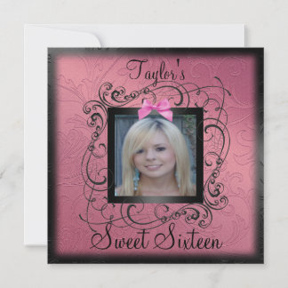 Rosa & Svart Fotoraam Sweet16 Födelsedagsinbjudan Inbjudningar