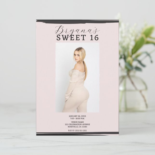 Rosa & Svart Fotoraam Trendig Modern S&ouml;t 16 Inbjudningar (Stående Fram)