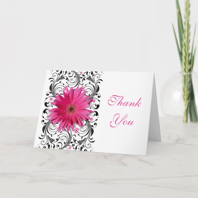 Rosa Svart Gerbera Tusenskönas Blommig Bröllop Tac Tack Kort (Framsida)