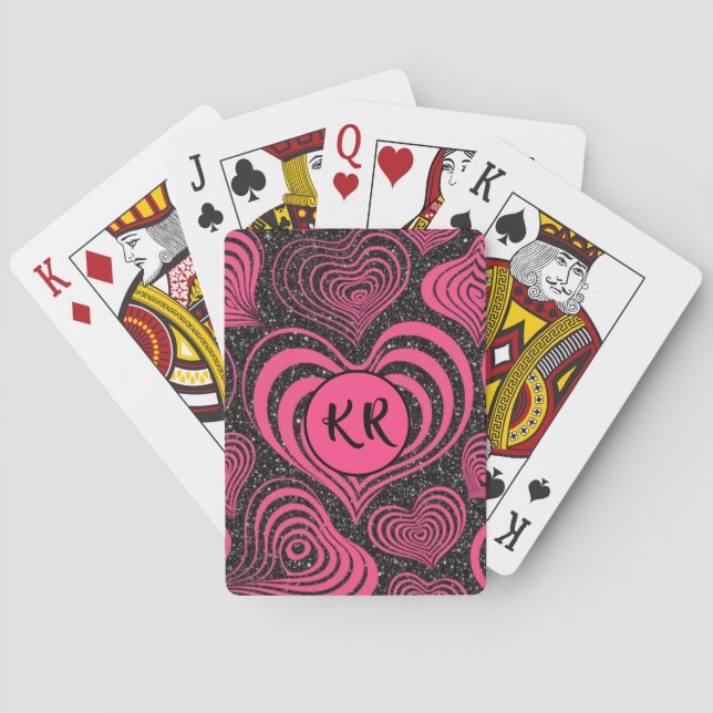 Rosa Svart Glam Abstrakt Hjärta Monogram Initialer Casinokort (Baksidan)