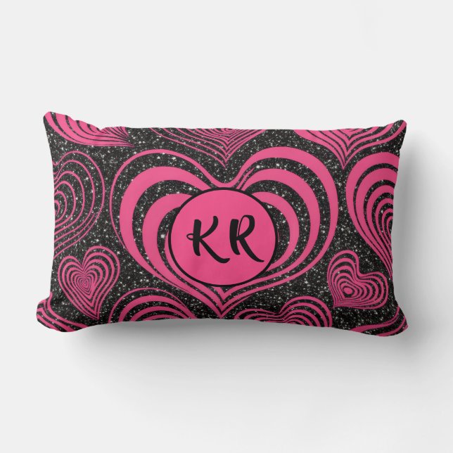 Rosa svart glamour abstrakt hjärta monogram initia lumbarkudde (Framsida)