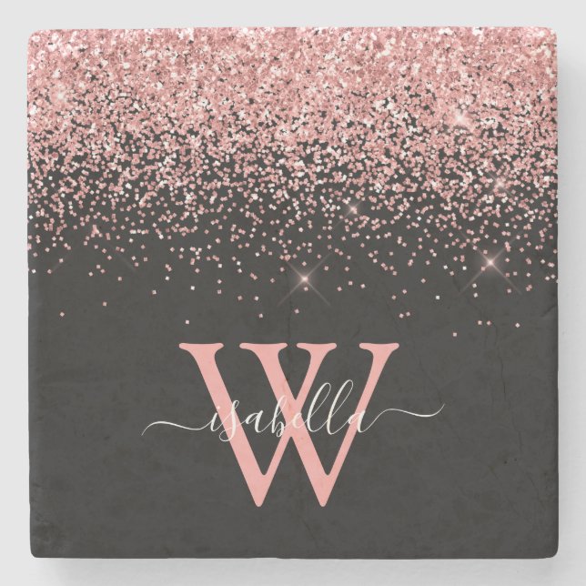 Rosa svart glitter Elegant Skriptnamn Monogram Stenunderlägg (Framsidan)