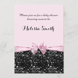 Rosa & Svart Glitter Glam Bow Tjej Babyfirande Inbjudningar
