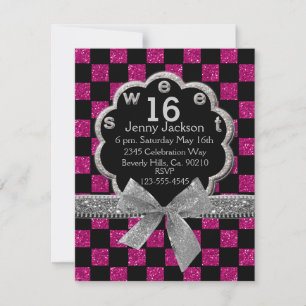 Rosa & svart glitter schackbräde Sweet 16 Inbjudningar