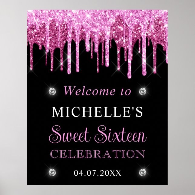 Rosa & Svart Glitter Sweet 16 Välkomstskylt Poster (Framsidan)