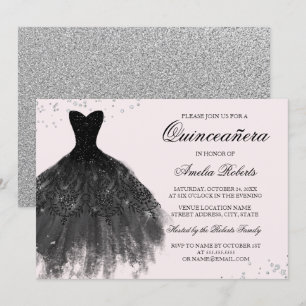 Rosa svart glitterklänning Quinceanera-inbjudan Inbjudningar
