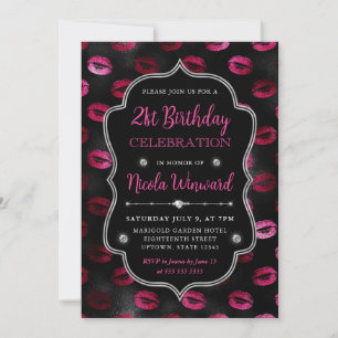 Rosa & Svart Glitterläppstift 21-årsdag Inbjudningar