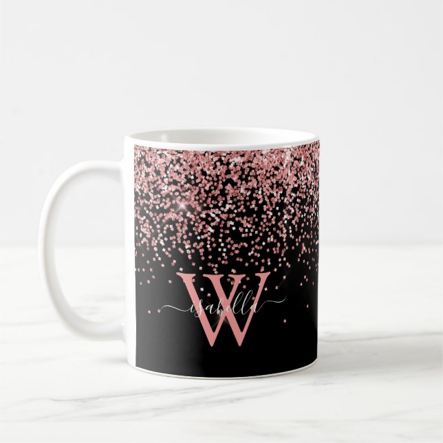 Rosa svart glittermonogram kaffemugg (Vänster)
