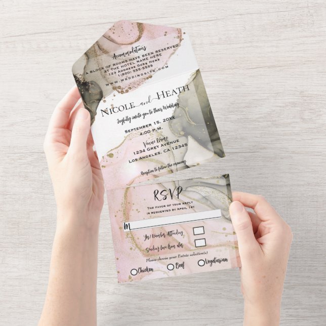Rosa Svart Guld Aquarell Chic Modern Bröllop (Avrivbar del)
