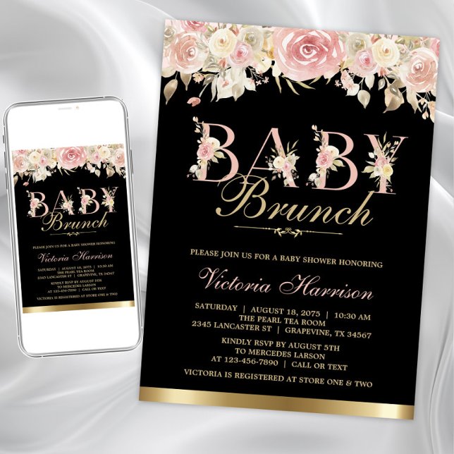 Rosa svart guld blommig flicka baby shower brunch inbjudningar (Baby brunch baby shower invitation. Instant download and printed invitations available.)