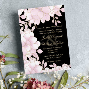 rosa svart guld-folie elegant blommigt bröllop inbjudningar