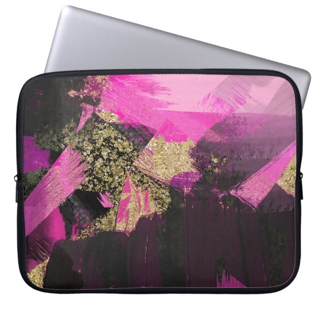 Rosa Svart Guld Glitter Modern Borste Glam Grunge Laptop Sleeve (Framsidan)