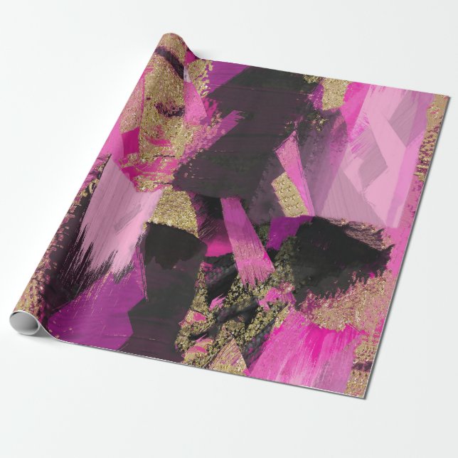Rosa svart guld glitter modern borste glam grunge presentpapper (Utrullad)