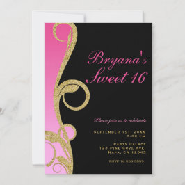 Rosa Svart & Guld Modern Virvel Sweet 16-fest Inbjudningar