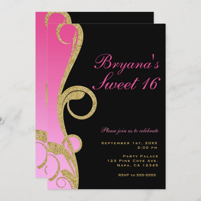 Rosa Svart & Guld Modern Virvel Sweet 16-fest Inbjudningar (Fram/baksida)