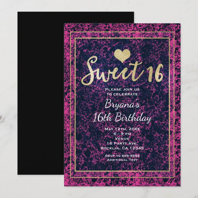 Rosa & svart guld Sweet 16 modern festinbjudan Inbjudningar (Fram/baksida)