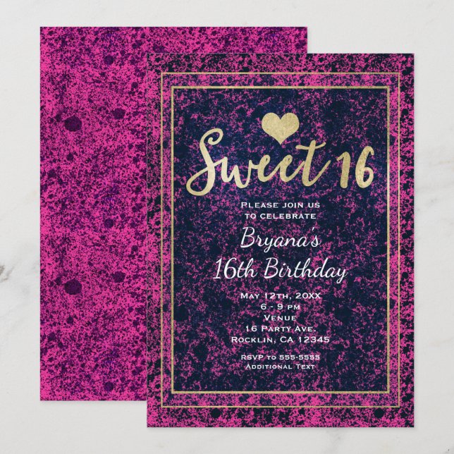 Rosa & Svart Guld Sweet 16 Modern Festsedel Inbjudningar (Fram/baksida)