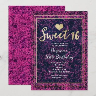 Rosa & Svart Guld Sweet 16 Modern Festsedel Inbjudningar