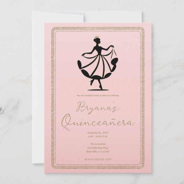 Rosa Svart Guld valsar Dansande Prinsessa Fest Inbjudningar (Framsida)