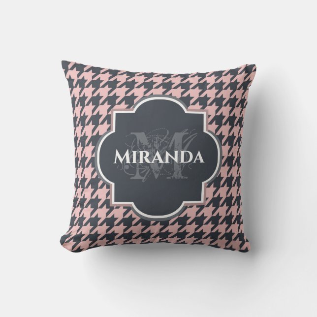 Rosa svart hundtandsmönster monogramnamn kudde (Framsida)