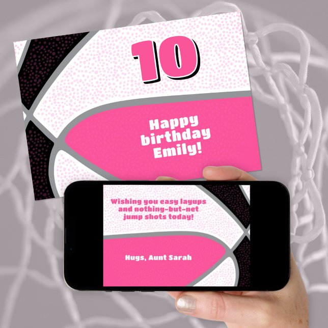 rosa svart i basketboll grattis på födelsedagen kort (front view of greeting card as printed and back view of card as downloaded on phone)