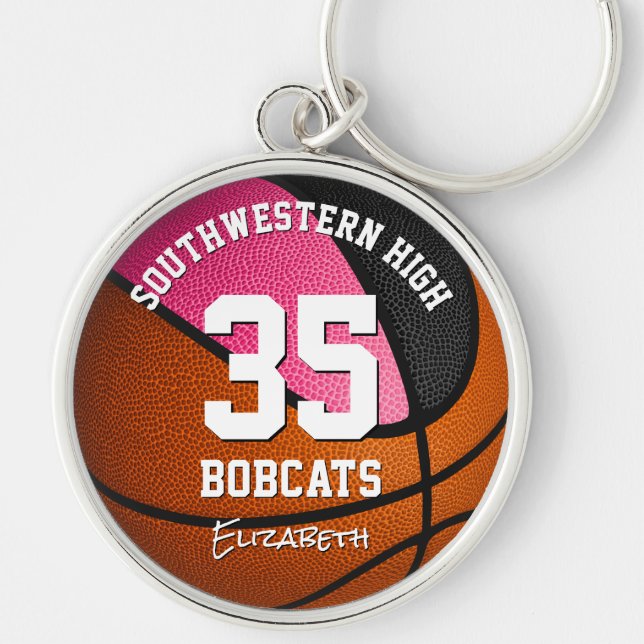 rosa svart idrottslag namn Flickor basket Rund Silverfärgad Nyckelring (Framsidan)
