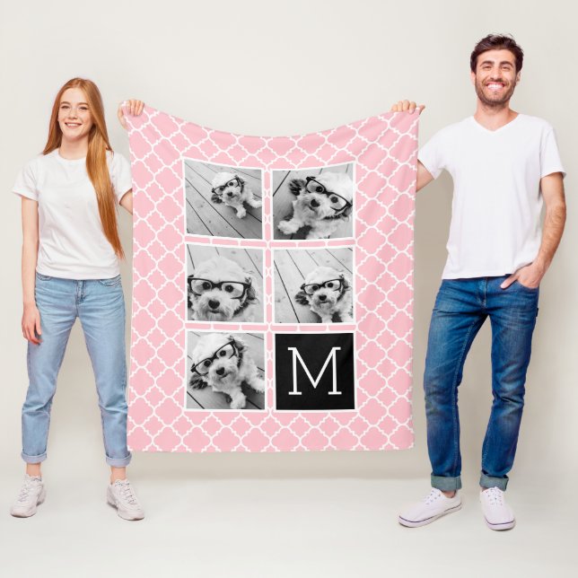 Rosa & svart Instagram 5 Photo Collage Monogram Fleecefilt (På plats)
