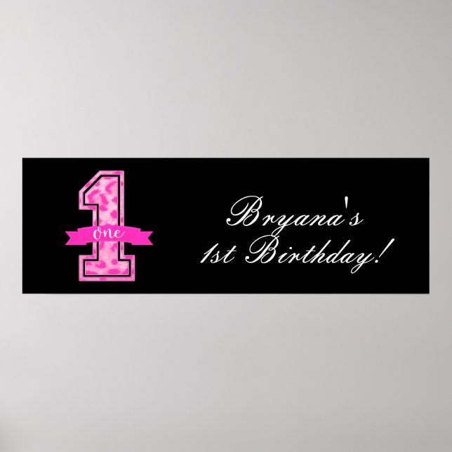 Rosa & Svart Leopardtryck Ett 1:a Födelsedagsfiran Poster (Framsidan)