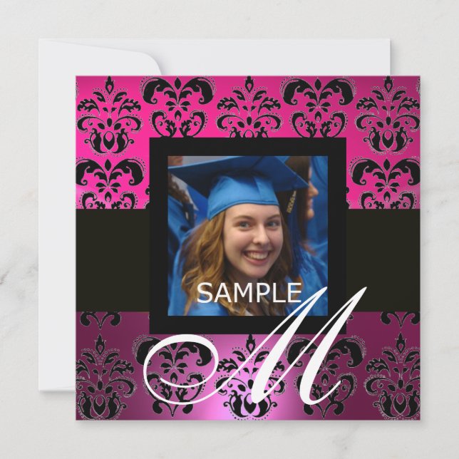Rosa svart lila GRADUATION DAMASK  MONOGRAM Inbjudningar (Framsida)