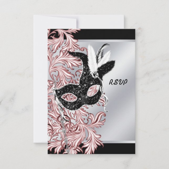 Rosa svart maskeradfest RSVP OSA Kort (Framsida)