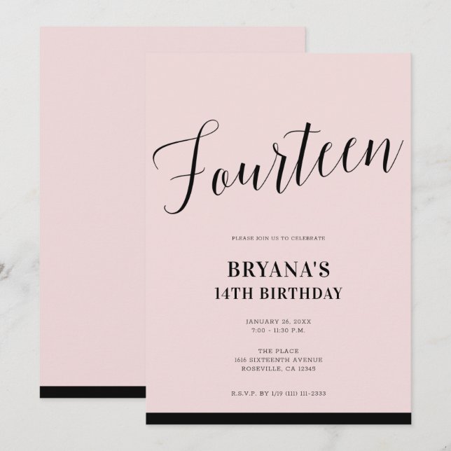 Rosa Svart Modern Minimal Skrift Fjorton 14 14:e Inbjudningar (Fram/baksida)