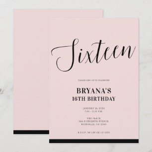 Rosa & Svart Modern Minimal Skrift Sweet 16 Inbjudningar