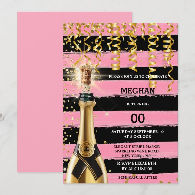 Rosa svart mousserande vin elegant rand glitter inbjudningar (Fram/baksida)