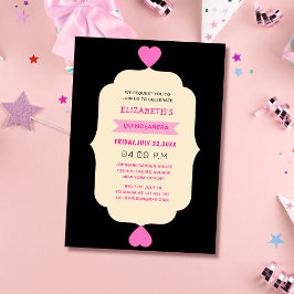 rosa svart och gräddfärgad quinceañera inbjudningar