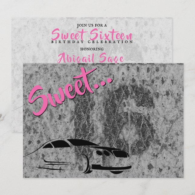 Rosa, svart och grumlig med bilsötad 16 födelsedag inbjudningar (Fram/baksida)