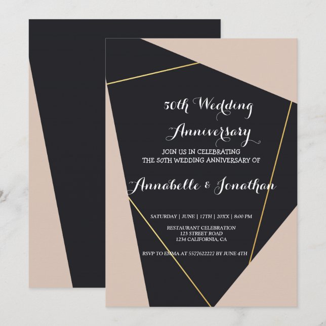 Rosa svart och guld geometrisk bröllopsjubileum inbjudningar (Fram/baksida)