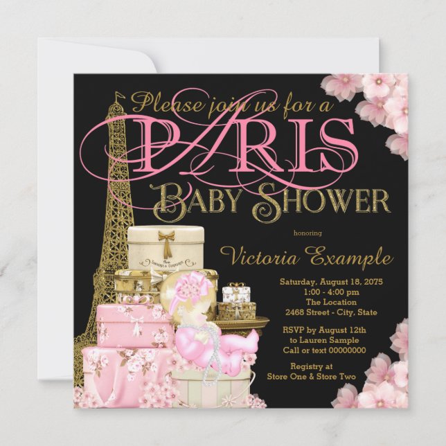 Rosa Svart och Guld Paris Blond Flicka Baby Shower Inbjudningar (Framsida)