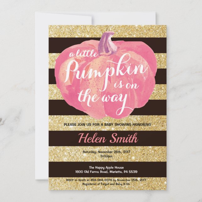 Rosa svart och guld Pumpa Flicka Babyfirande Inbjudningar (Framsida)