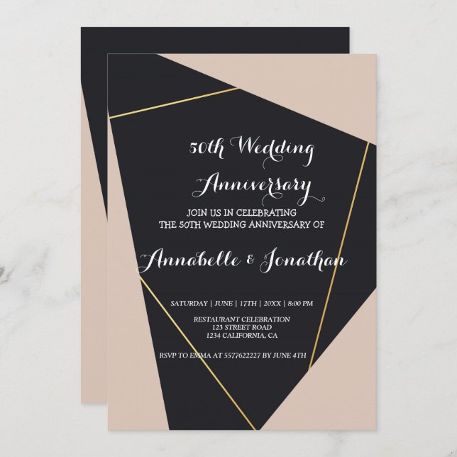 Rosa svart och gulds geometriskt bröllopsjubileum inbjudningar (Fram/baksida)