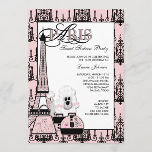 Rosa svart Paris ljuskrona Sweet 16-fest Inbjudningar