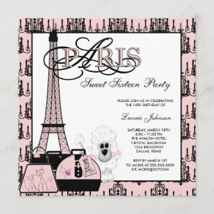 Rosa svart Paris ljuskrona Sweet Sixteen-fest Inbjudningar