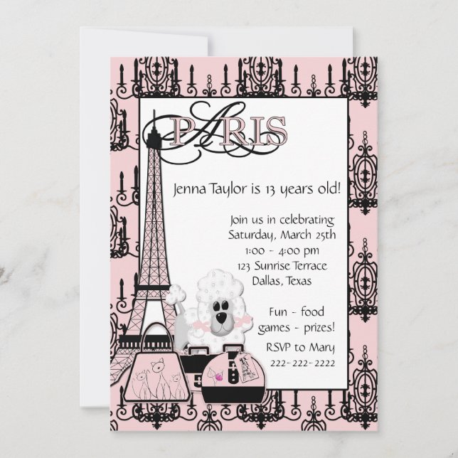 Rosa svart pudel Paris flickor födelsedagsfest Inbjudningar (Framsida)
