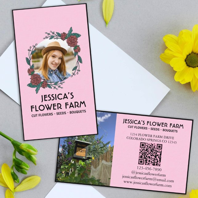 Rosa & Svart QR-kod Professionell 2 Foto Blommig Visitkort (Skapare uppladdad)